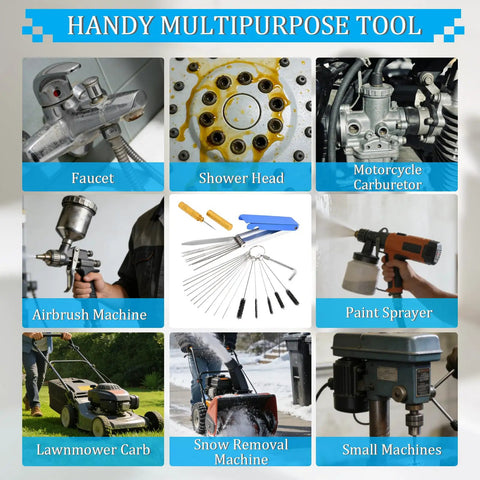Image showcasing an All-In-One Pro-Grade Carburetor Cleaning Kit with 13 stainless steel wires, 10 needles, 5 brushes, and a sharp pick.