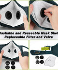 Pro Grade M Plus Dust Mask Reusable Respirator with 99.9 Percent Carbon Filters for Woodworking and Dust Control shown in parts