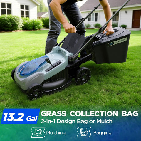 18 Inch 40V Max Brushless Cordless Push Lawn Mower With 4.0Ah Battery, 148Wh Total Power, Charger Included, Up To One Eighth Of An Acre Coverage, About 30 Minute Runtime, Lightweight, Easy Start, Mulch And Side Discharge Options, grass collection bag attached