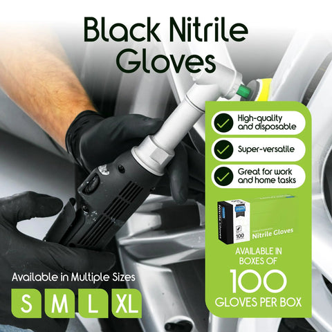 Inspire Black nitrile disposable gloves, box of 100, large size; front view with gloved hand using a tool