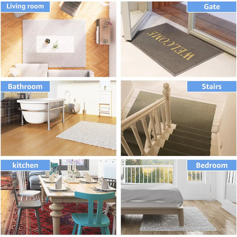 Home interior scenes with Non Slip Triangle Rug Grippers 16 Pack For Area Rugs Dual Sided Rug Pads For Hardwood Floors And Tiles Reusable Adhesive Carpet Tape That Keeps Rugs Staying Put From Curling Or Slipping Black under rugs in living room, bathroom, kitchen, stairs, and bedroom.