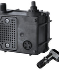 Compact 120 GPH Submersible Water Pump With Six Foot Cord For Fountains And Hydroponic Systems Plug And Play Setup Built Tough Glass Filled Nylon Housing Smooth Oil Filled Motor Works Like A Charm showing side view with connection ports.