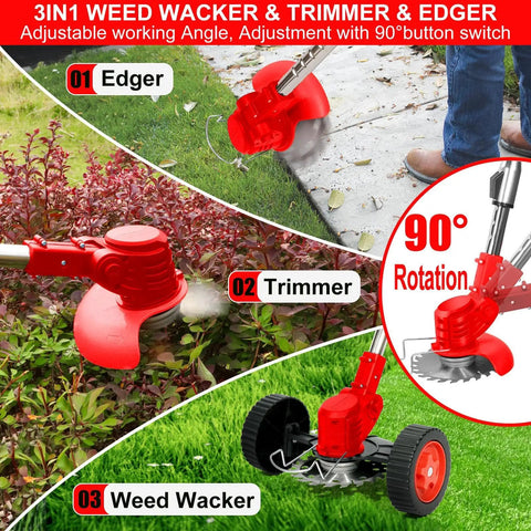 Powerful Cordless Weed Wacker 21V 2Ah Battery Powered Trimmer Edger Mower 3 In 1 Lightweight Brush Cutter with 90° adjustment