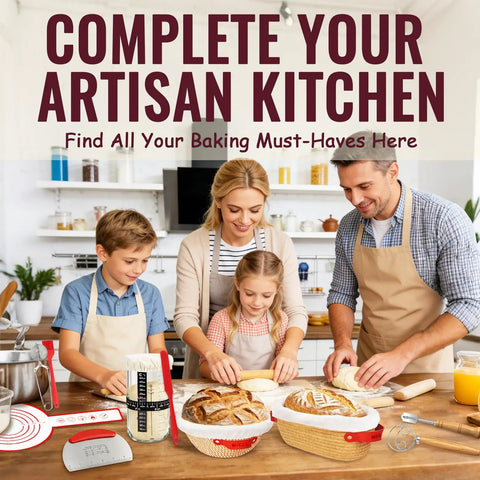 Family baking bread with Complete Sourdough Starter Kit With Round 9 Inch Proofing Basket Oval 10 Inch Proofing Baskets.
