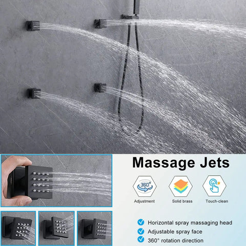 WHSHOWER Matte Black Thermostatic Shower System with Body Jets Shower Set featuring adjustable brass massage jets and wall spray.