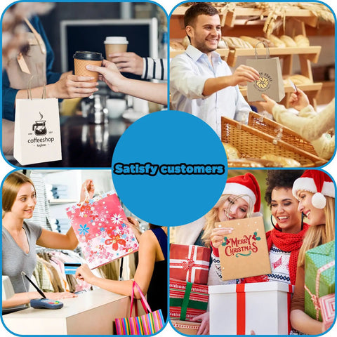 Custom Logo Gift Bags Kraft Paper With Handles Set Of 100 Double Sided Color Printing In Six Color Options Three Sizes in retail settings.