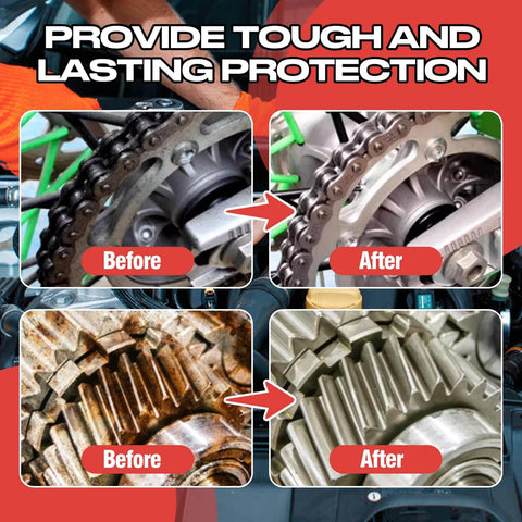 Before and after images showing White Lithium Grease All-Purpose Lubricant With Brush for metal gears and chain, highlighting rust prevention and protection.