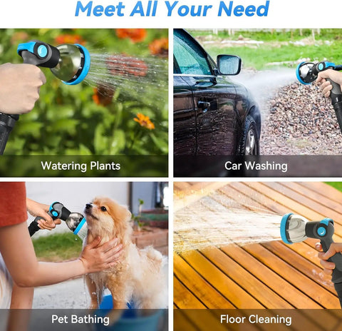 Retractable Garden Hose Reel Workhorse 1/2 Inch x 100 Ft in use for plants, car washing, pet bathing, and floor cleaning.