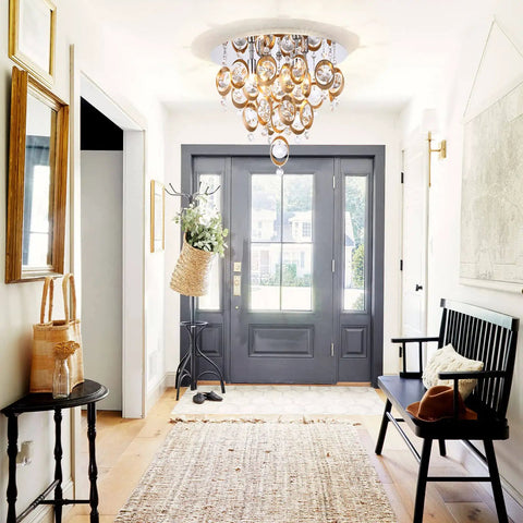 4 Light Modern Crystal Copper Flush Mount Chandelier Next Level 3 Tier Semi Flush Ceiling Light Fixture in elegant entryway