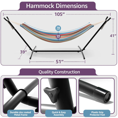 Two Person Luxury Hammock With Steel Stand Portable 450 Lbs Capacity Cotton Blend 60 Inch Bed with dimensions shown
