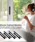 8 Pack Self Adhesive Cabinet Handles In Black ABS Plastic, easy install shown on window, no tools required, includes white adhesive tape.