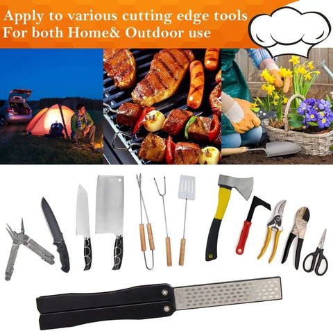 2 Pcs Portable Double Sided Diamond Knife Sharpening Stone 400 and 600 Grit Pocket Whetstone with tools and outdoor scenes