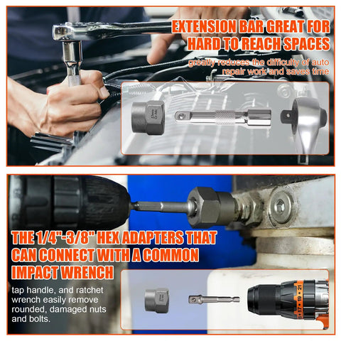 Man using 72 Piece Bolt Extractor Kit With Left Hand Drill Bits For Damaged Rusted Rounded Off Bolts Nuts And Screws Lug Nut Removal Tool Easy Out Screw Extractor Set with extension bar and hex adapter on impact wrench.