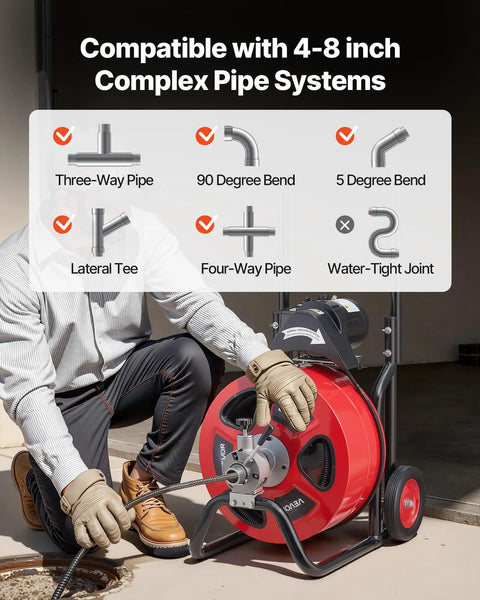 Full Throttle Auto Feed Sewer Snake Auger 100 Ft Steel Cable for clearing 4-8 inch pipe systems with various bends