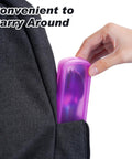 Hand placing rainbow finish 4 Piece Stainless Steel Travel Utensils Set with reinforced case into a backpack side pocket.