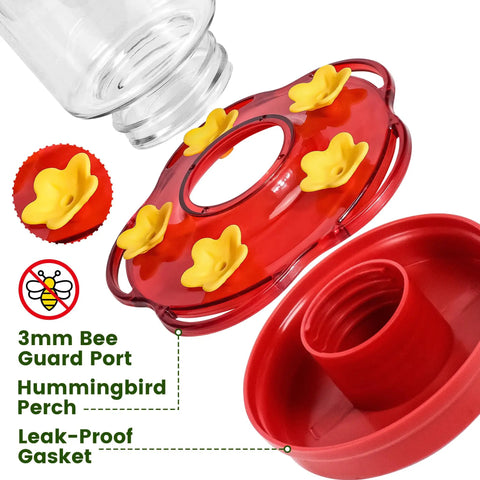 Close-up of 15 oz red hummingbird feeder lid showing five ports and bee guard, part of the Red Hummingbird Feeder 15 Ounce With Five Feeding Ports Built In Ant Moat Bee Proof Outdoor Hanging Bird Feeder For Your Yard Yard Friendly Durable Plastic 2 Pack Today