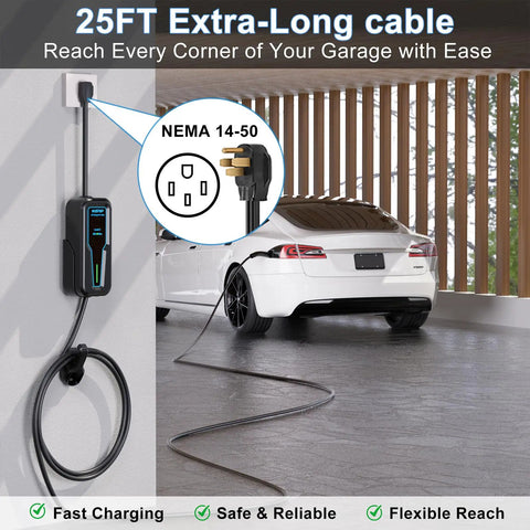 Level 2 EV Charger For Tesla Cars 40A NACS 240V Fast Charging Station With 25Ft Extension Cable in garage setup