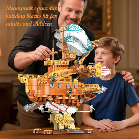 Father and son assembling Massive 1864 Piece Fantasy Steampunk Spaceship Building Set For Adults