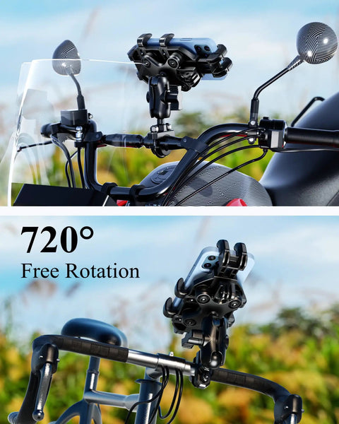 Beefy Heavy Duty Motorcycle Phone Mount With Vibration Dampener And Anti Shake Handlebar Cradle showcased on bike handlebars.