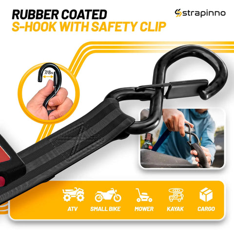 Auto Self Retracting Ratchet Straps 1in x 10ft, 1,500 Lbs Break Strength showing rubber coated S-hook with safety clip
