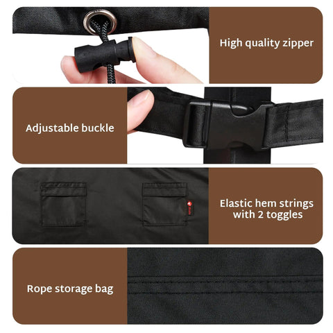 Close-up of heavy duty outdoor patio furniture covers with high quality zipper, adjustable buckle, and rope storage bag.