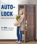 Woman holding groceries with Keyless Entry Door Lock With Keypad Deadbolt And Handle No Key Needed Smart Lock With Auto Lock 50 User Codes Waterproof Front Door Security For Home Or Hotel Use Easy Install on wooden door.