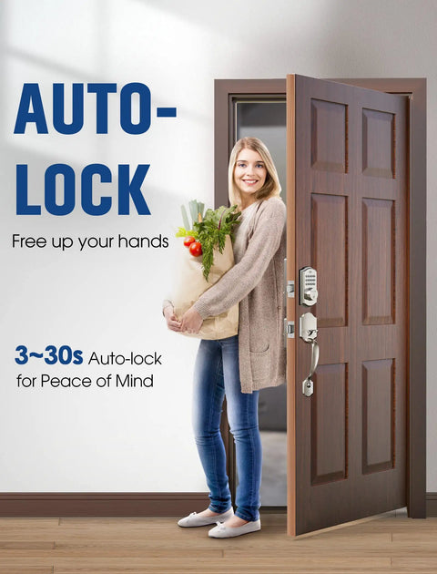 Woman holding groceries with Keyless Entry Door Lock With Keypad Deadbolt And Handle No Key Needed Smart Lock With Auto Lock 50 User Codes Waterproof Front Door Security For Home Or Hotel Use Easy Install on wooden door.
