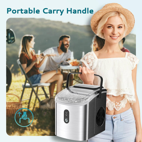 EUHOMY portable countertop ice maker with carrying handle, silver finish