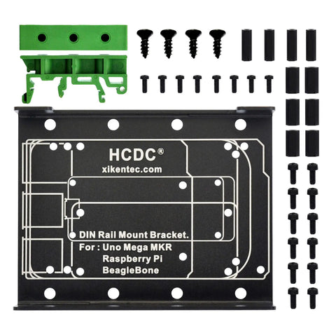 Din Rail Mount Bracket For Raspberry Pi A Plus B Plus 2B 3B 3B Plus 4B Zero And Arduino Uno Mega Mkr BeagleBone, black aluminum bracket with mounting screws and clips.
