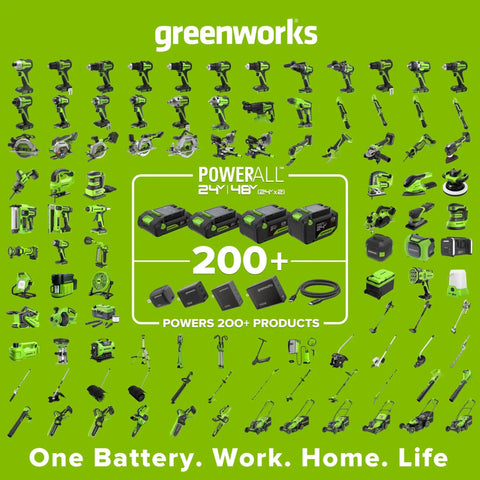 Heavy Duty Brushless Cordless Circular Saw Tool Only Featuring Snappy 24 Volt Battery Power And Knockout Demolition Cutting With Easy Lock Bevel Adjustment For Dependable High Speed Performance displayed with various Greenworks tools.
