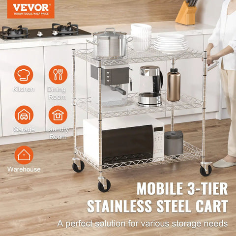 Must Have Heavy Duty 3 Tier Kitchen Utility Cart On Wheels With 661 Lbs Capacity, wire rolling table in kitchen setting.