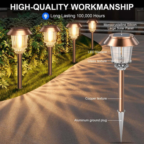 Garden setting with Six Pack Solar Pathway Lights Outdoor Waterproof Dimmable 10-40 LM Auto On Off Yard Garden Walkway Driveway.
