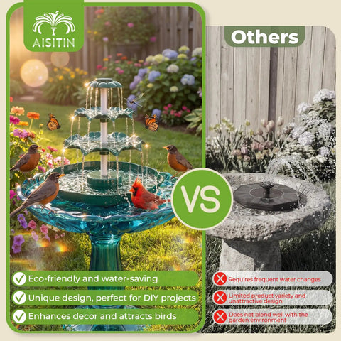 Sun Powered 6.5W Solar Bird Bath Fountain With 3 Tier Waterfall And 9 Streams, DIY Detachable Solar Pump, garden setting