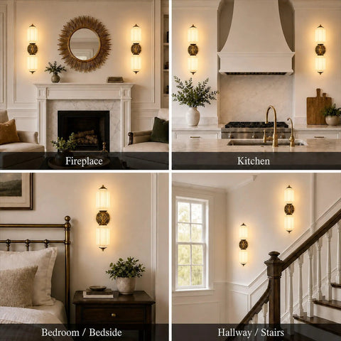 govahb 2-Light Hardwired Wall Sconces, Vintage Wall Sconce Milk Glass illuminating a fireplace, kitchen, bedroom, and hallway.