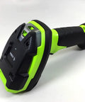 Heavy Duty Corded 1D Barcode Scanner With USB Cable Built Like A Tank For Warehouse Logistics Standard Range Linear Imager In Industrial Green showing from the side.