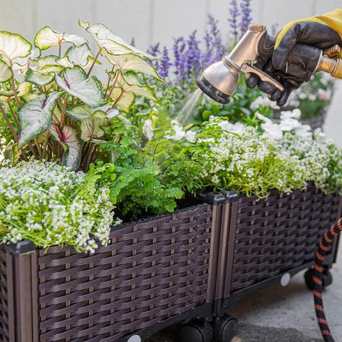 Two Piece Rolling Garden Bed Kit With Self Watering Design In Brown Plastic Outdoor Elevated Planter Boxes On Wheels being watered