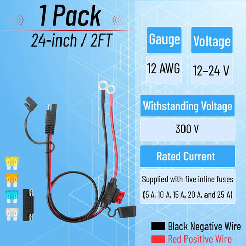 Straight Up Heavy Duty 2 Ft Sae Battery Connector Cable, 12 Awg Copper Wire Harness With Fuse Blocks And Polarity Adapter, Tough Plug And Play Setup For Chargers, Solar Panels And Moto Batteries with fuses and terminals.