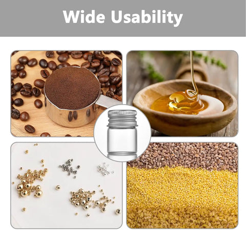 Four Pack 5ml Glass Jars With Lids Tiny Mini Bottles for Crafts and Storage shown with various contents like coffee, honey, beads, grains.