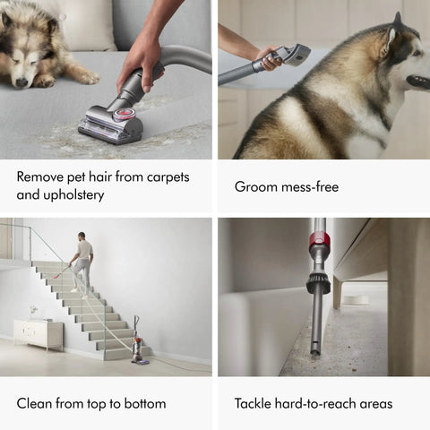Grid of 4 images showing Ball Animal 3 Extra Upright Vacuum With Pet Tools on carpet, grooming a dog, cleaning stairs and corners