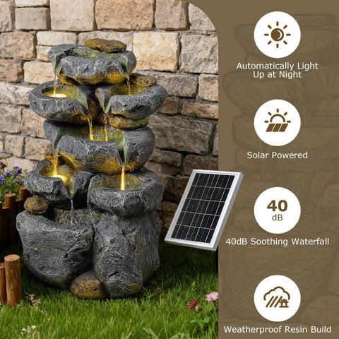 Solar Powered 5 Tier Rock Water Fountain With LED Lights, Outdoor Garden Cascade for Backyard, showing dual charging solar panel.