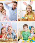 Family and kids wearing Absolutely Iconic 36 Piece Acrylic Easter Pins at a festive gathering, showcasing various bunny and egg designs.