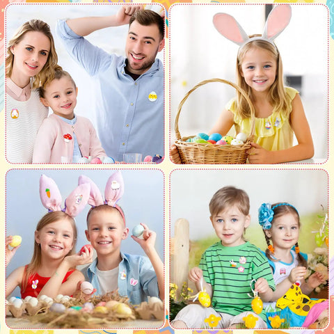 Family and kids wearing Absolutely Iconic 36 Piece Acrylic Easter Pins at a festive gathering, showcasing various bunny and egg designs.