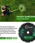 9 Inch 20 Tooth Brush Cutter Blade Kit used by person trimming grass, shown with blade detail and product features, cuts like butter.