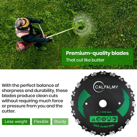 9 Inch 20 Tooth Brush Cutter Blade Kit used by person trimming grass, shown with blade detail and product features, cuts like butter.