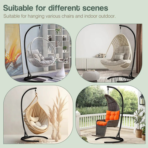 Heavy Duty Hammock Chair Stand Only 360 Degree Rotation C Frame Indoor Outdoor Sturdy Steel Tubing Supports Up To 300 Pounds Perfect For Egg Chair Porch Swing Black with various chair styles in indoor and outdoor settings