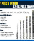 Intro 7 Piece High Speed Drill Bit Set For Metal Masonry Wood Tile With Carbide Titanium Cobalt Tips And Armor Steel Hex Shank Made In USA