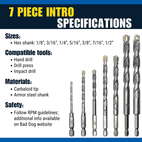 Intro 7 Piece High Speed Drill Bit Set For Metal Masonry Wood Tile With Carbide Titanium Cobalt Tips And Armor Steel Hex Shank Made In USA