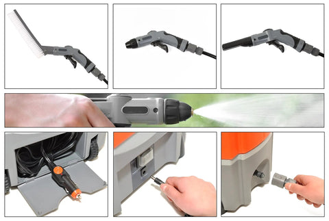 On The Go Portable Spray Washer With Built In Water Tank featuring nozzle, connectors, controls, demonstrating portability and ease of use