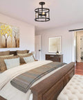 Black Semi Flush Mount Ceiling Light With Dope Modern Farmhouse Drum Cage Design for bedroom with durable metal frame