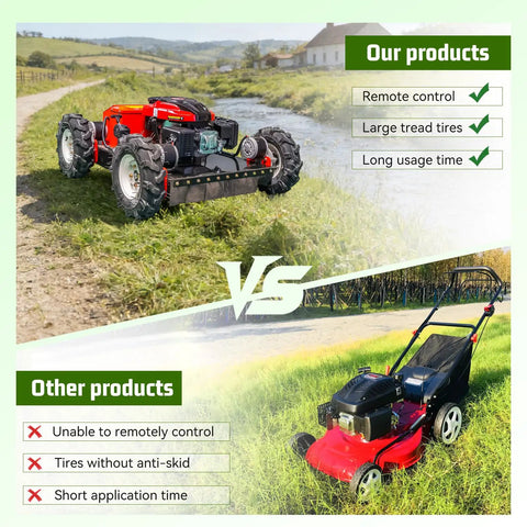 Remote Control Lawn Mower Oil Electric Hybrid With Four Wheel Drive For All Terrain Yard Care And Weed Whacking High Control Mower For Small Lawns And Backyards Fuel Efficient Flexible And Easy To Maneuver, 4WD red mower on grass